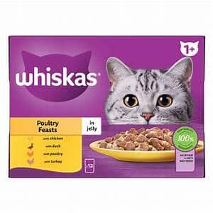 Whiskas 1+ Poultry Feasts Adult Wet Cat Food Pouches in Jelly 12pk, 85G